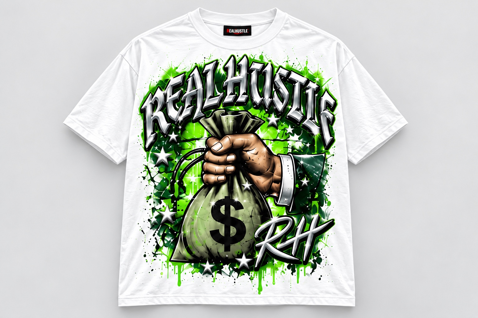 Front of the white Real Hustle shirt with green accents, chrome lettering, hand and money bag, and RH mark